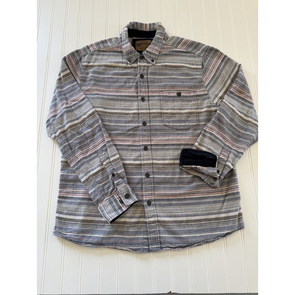 North River Men's L Blue Red Stripe Shirt Corduroy Trim Cotton Button Up